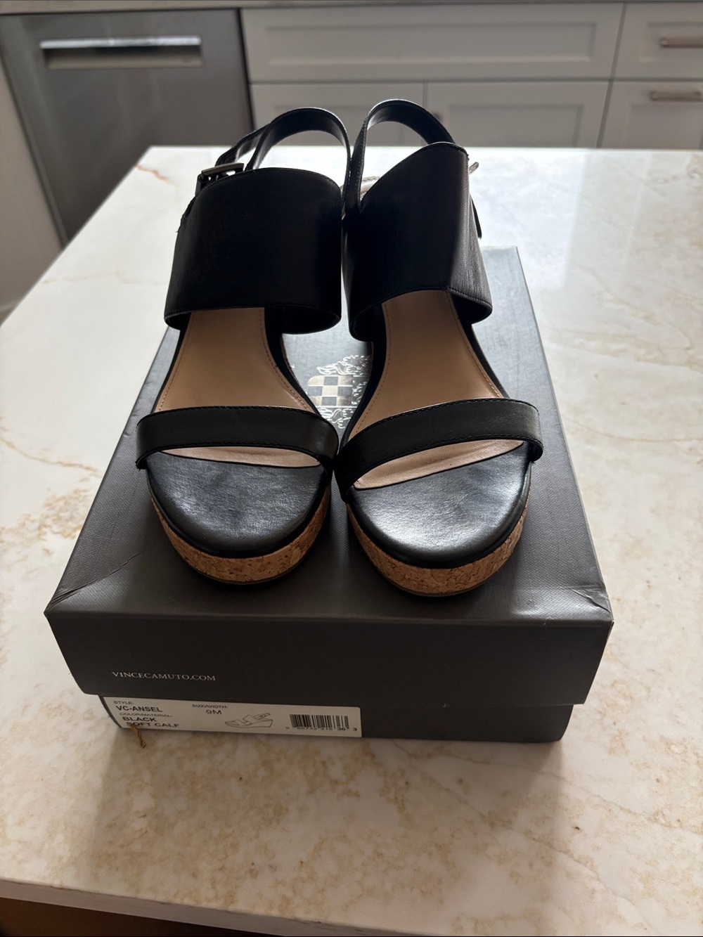 Vince Camuto Black Cork Platform Wedge Sandals 3” heel 1/2” platform